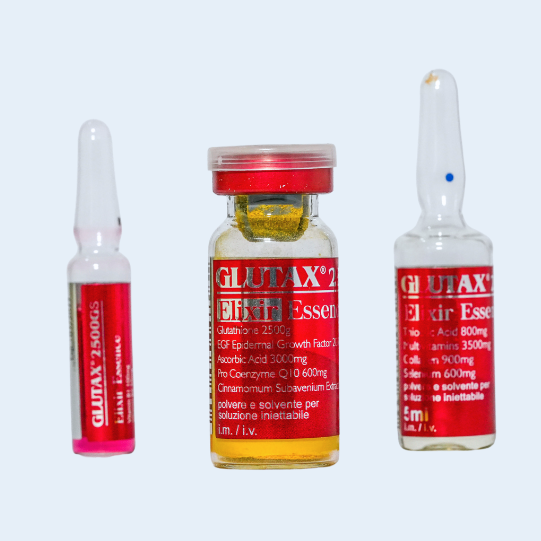 Three GLUTAX Elixir Essence vials on a white background